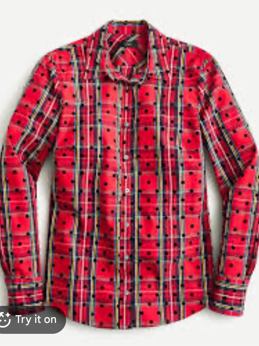 J. Crew Stewart Tartan Plaid Shirt with Black Velvet Polka Dots XL